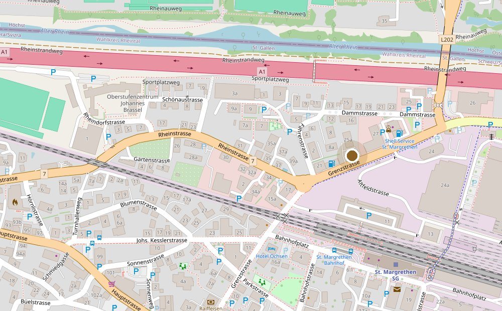 Kartenausschnitt: Grenzstrasse 25 in St. Margrethen, direkt beim Bahnhof und an der Grenze zu Österreich